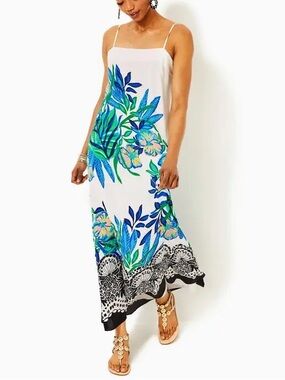 NWT Lilly Pulitzer Rosabella 100% Silk Maxi Slip Dress in Golden Hour Glam - 10